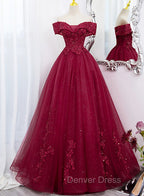 Burgundy Sweetheart Flowers Sequins Lace Party Dresses, Long Formal Dresses Prom Dresses