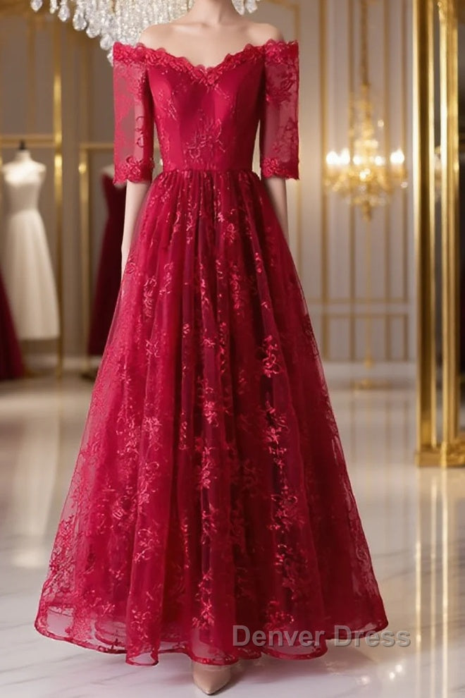 Burgundy sweetheart lace long prom Dress, burgundy Prom Dresses Main image