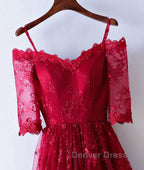 Burgundy sweetheart lace long prom Dress, burgundy Prom Dresses