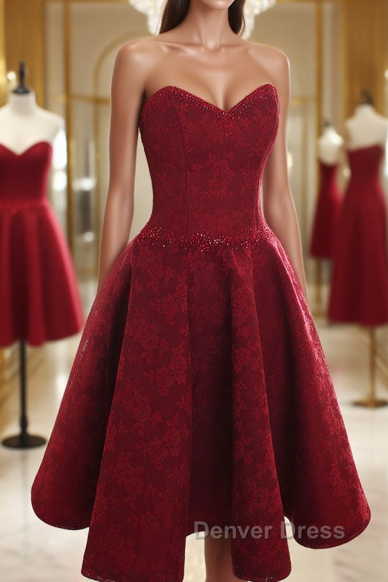 Burgundy sweetheart lace short prom Dress burgundy homecoming Dresses Main image