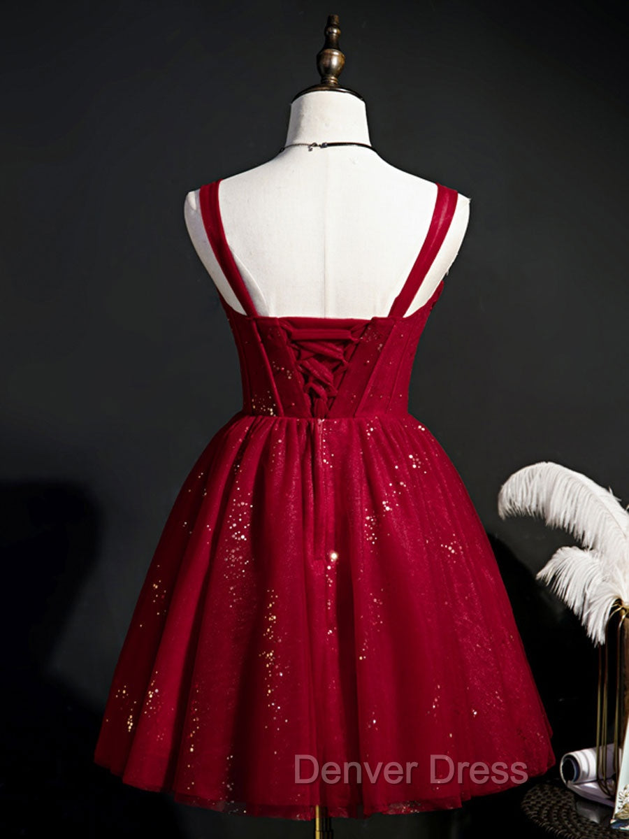 Burgundy Sweetheart Neck Tulle Sequin Short Prom Dresses, Puffy Cute Homecoming  Dresses