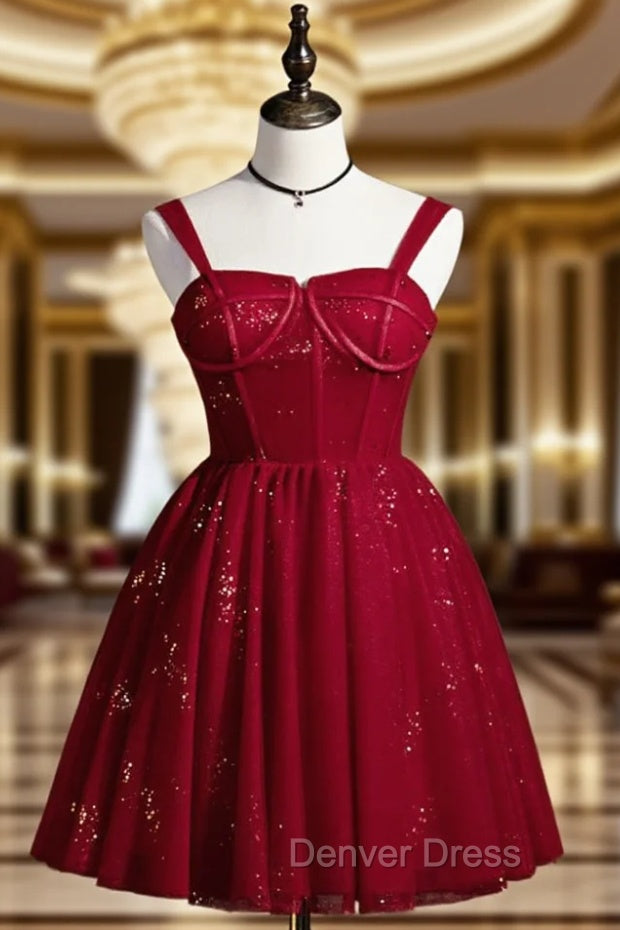 Burgundy Sweetheart Neck Tulle Sequin Short Prom Dresses, Puffy Cute Homecoming  Dresses Main image