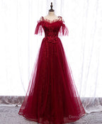 Burgundy Sweetheart Tulle Lace Long Prom Dress Burgundy Formal Dress