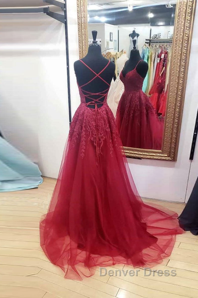 Burgundy sweetheart tulle lace long Prom Dress