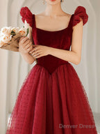 Burgundy Tea Length Prom Dress, Burgundy Prom Bridesmaid Dresses