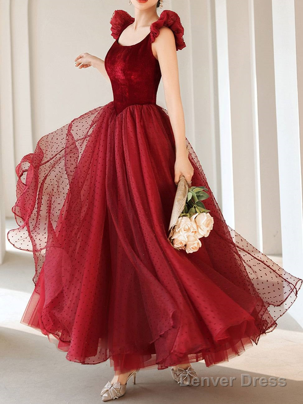 Burgundy Tea Length Prom Dress, Burgundy Prom Bridesmaid Dresses