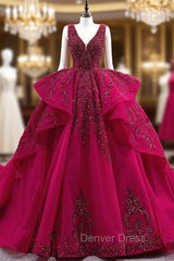 Burgundy Tulle Appliques Beading Pearls Prom Dresses