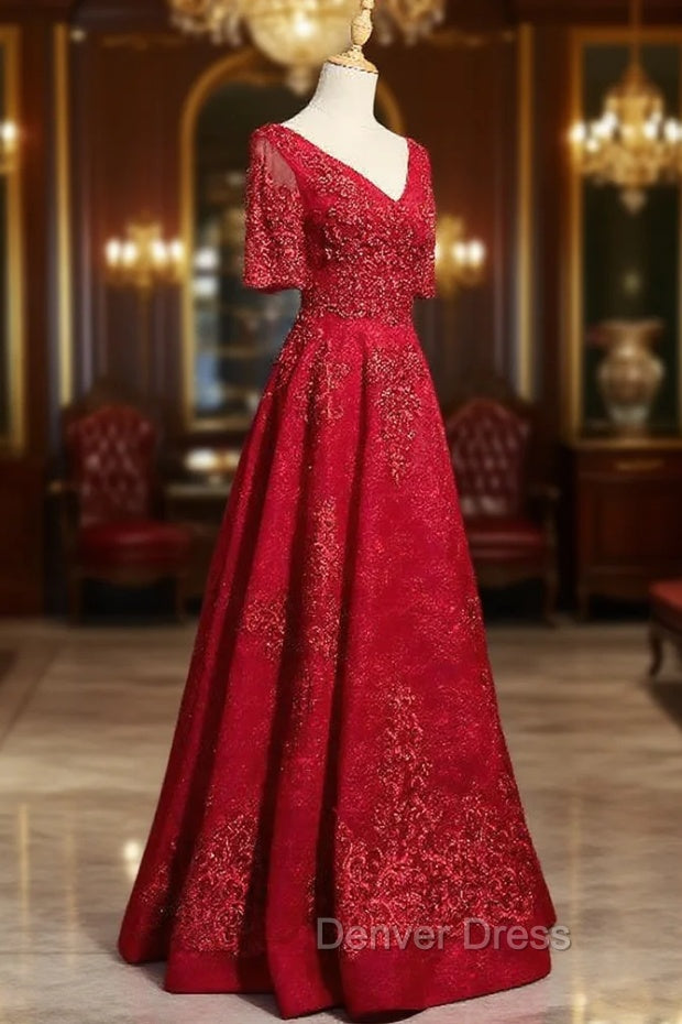 Burgundy Tulle Appliques Beading Prom Dresses