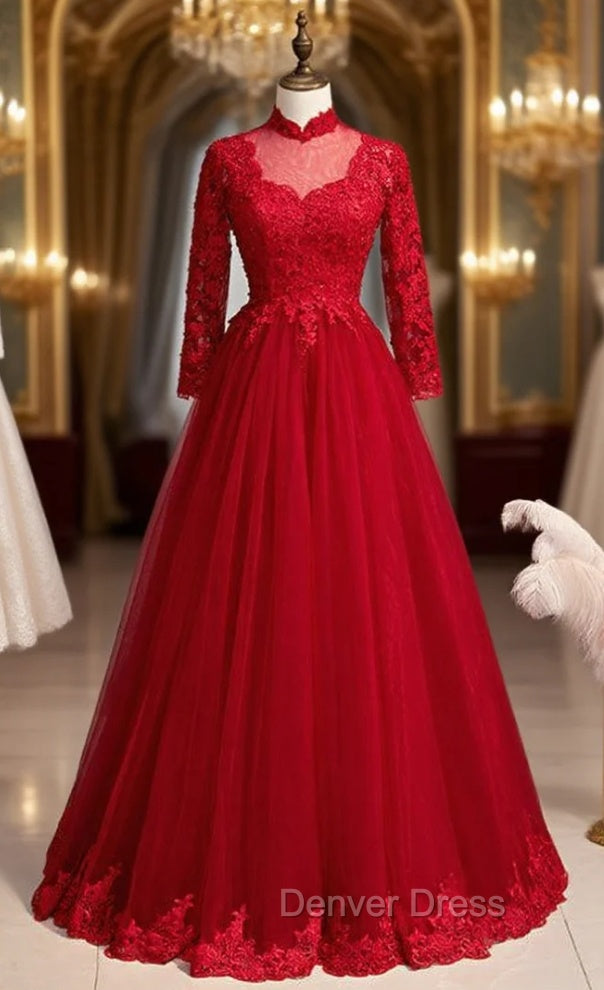 Burgundy Tulle Appliques High Neck Long Sleeve Prom Dresses