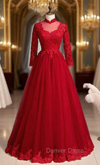 Burgundy Tulle Appliques High Neck Long Sleeve Prom Dresses