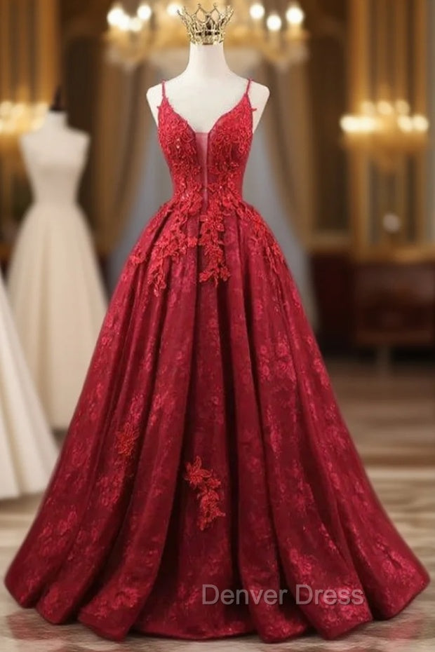 Burgundy Tulle Appliques Straps Beading Prom Dresses Main image