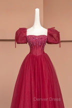 Burgundy Tulle Beaded Floor Length Prom Dress, A Line Short Sleeve Prom Dresses