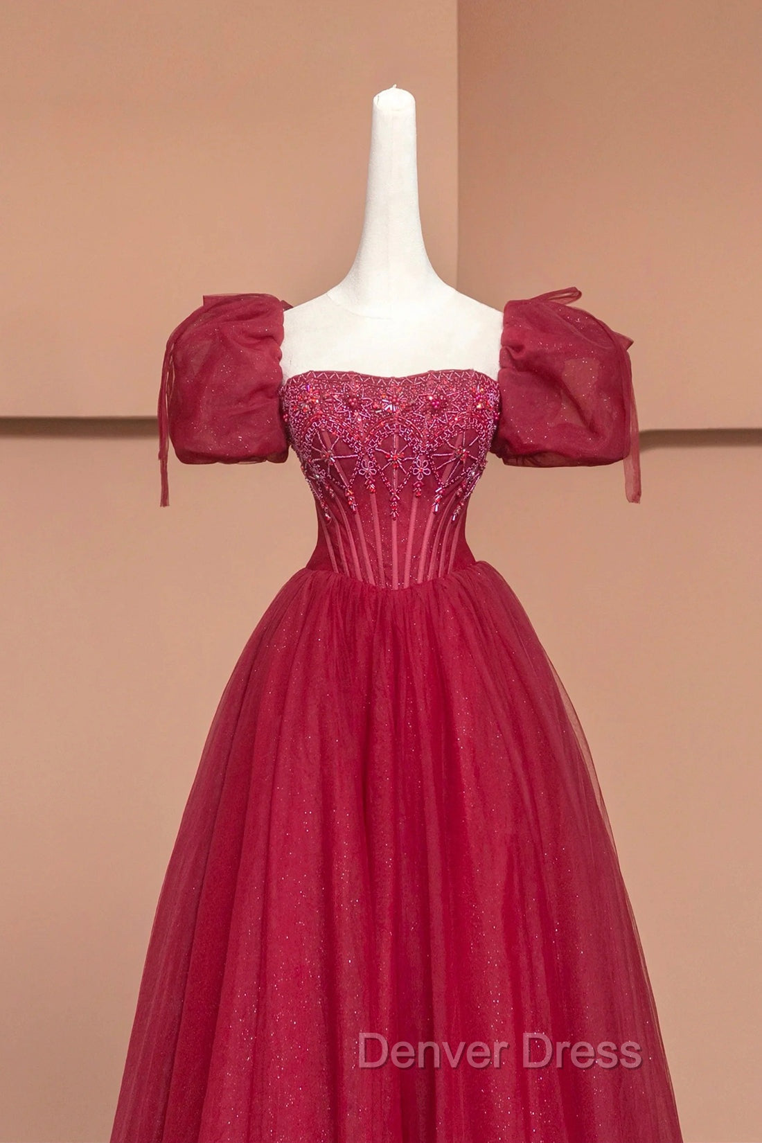 Burgundy Tulle Beaded Floor Length Prom Dress, A Line Short Sleeve Prom Dresses