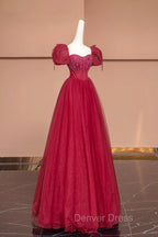 Burgundy Tulle Beaded Floor Length Prom Dress, A Line Short Sleeve Prom Dresses