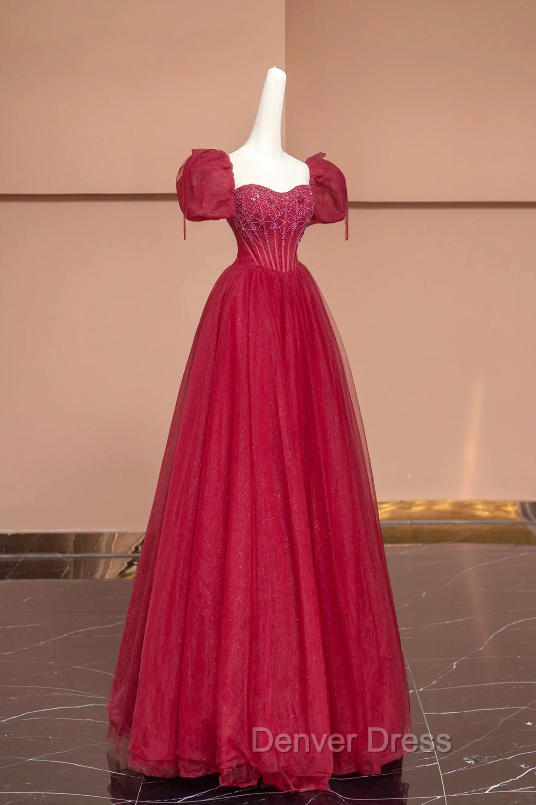 Burgundy Tulle Beaded Floor Length Prom Dress, A Line Short Sleeve Prom Dresses
