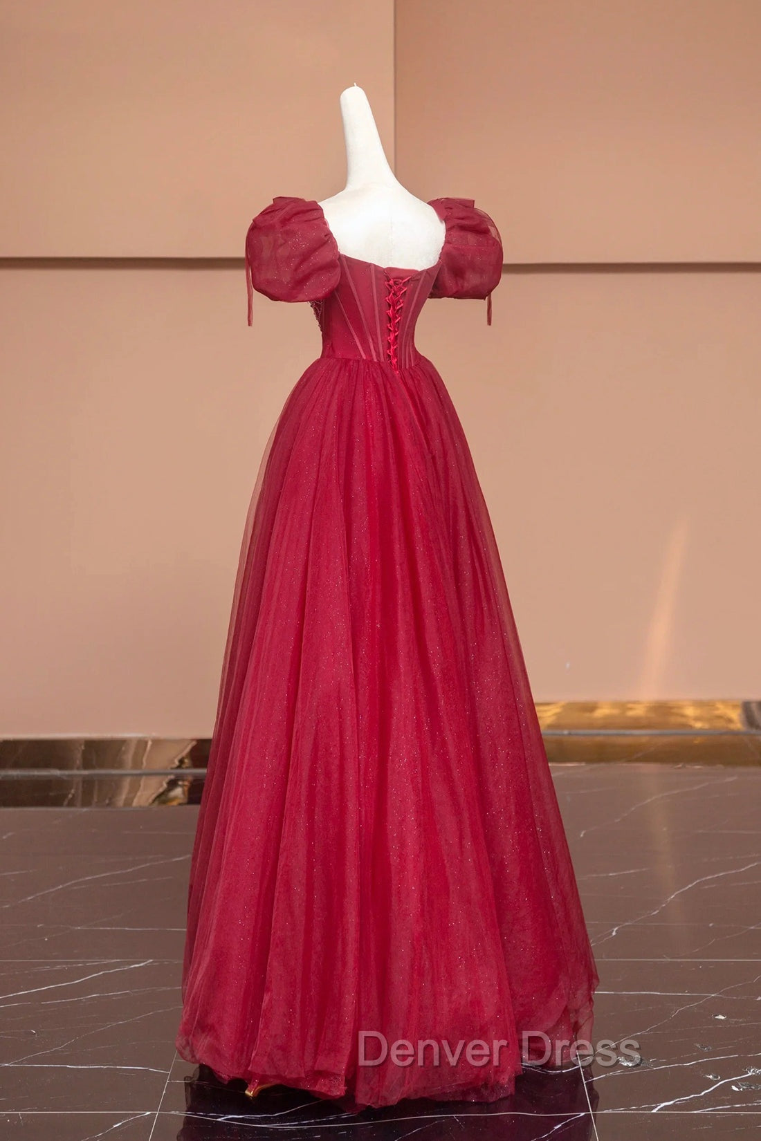 Burgundy Tulle Beaded Floor Length Prom Dress, A Line Short Sleeve Prom Dresses