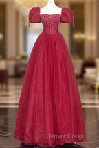 Burgundy Tulle Beaded Floor Length Prom Dress, A Line Short Sleeve Prom Dresses