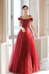 Burgundy Tulle Beaded Long Formal Dress,  Spaghetti Straps A-Line Prom Dress