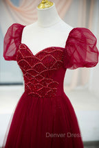 Burgundy Tulle Beaded Long Prom Dress, A Line Short Sleeve Prom Dresses