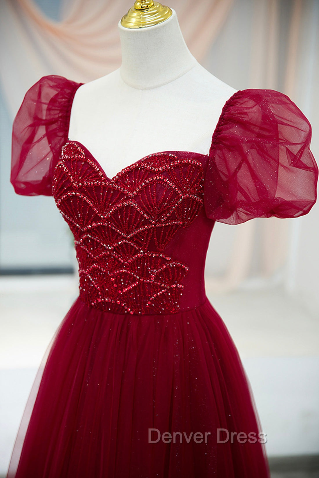 Burgundy Tulle Beaded Long Prom Dress, A Line Short Sleeve Prom Dresses