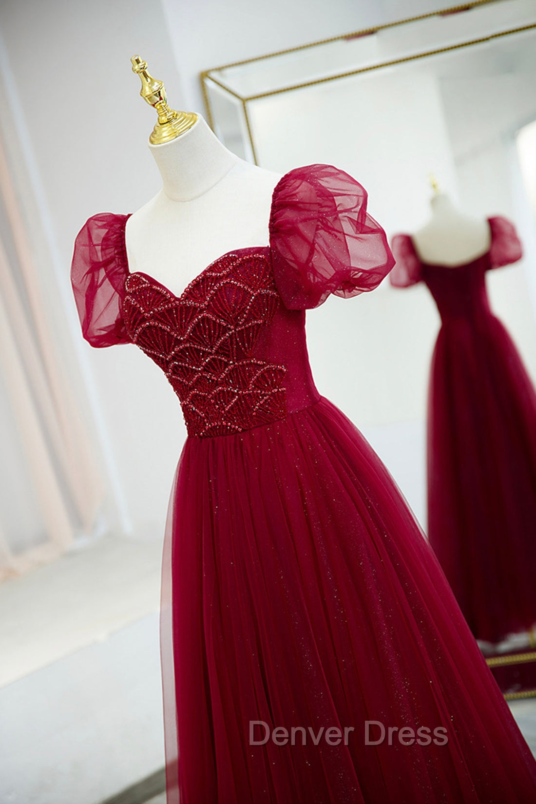 Burgundy Tulle Beaded Long Prom Dress, A Line Short Sleeve Prom Dresses