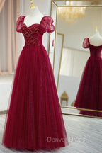 Burgundy Tulle Beaded Long Prom Dress, A Line Short Sleeve Prom Dresses