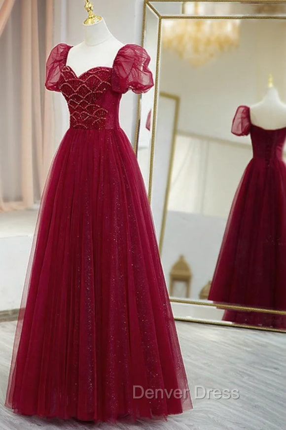 Burgundy Tulle Beaded Long Prom Dress, A Line Short Sleeve Prom Dresses