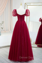 Burgundy Tulle Beaded Long Prom Dress, A Line Short Sleeve Prom Dresses