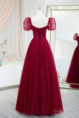 Burgundy Tulle Beaded Long Prom Dress, A-Line Short Sleeve Evening Dress