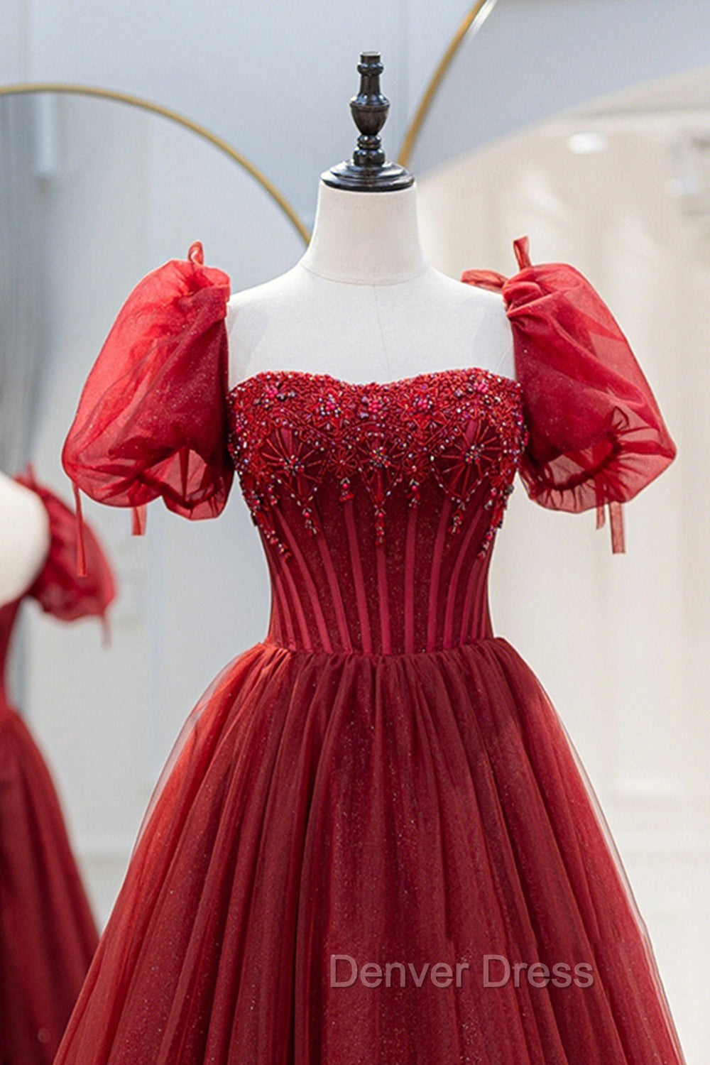 Burgundy Tulle Beaded Long Prom Dresses, A-Line Short Sleeve Formal Dresses Secondary image