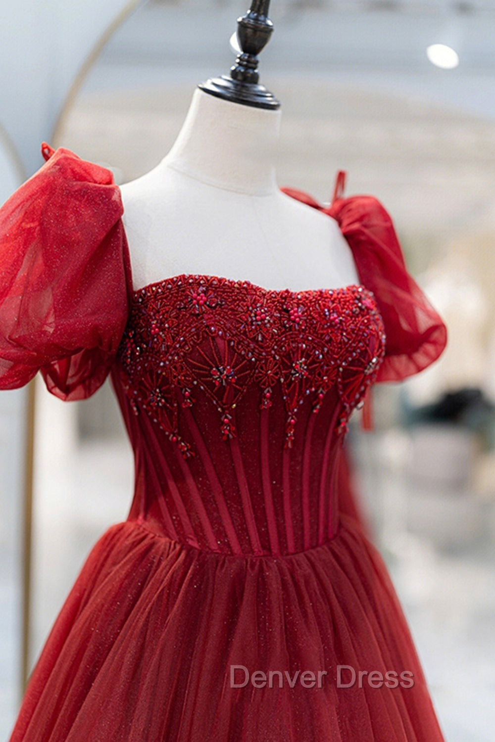 Burgundy Tulle Beaded Long Prom Dress, A Line Short Sleeve Prom Dresses