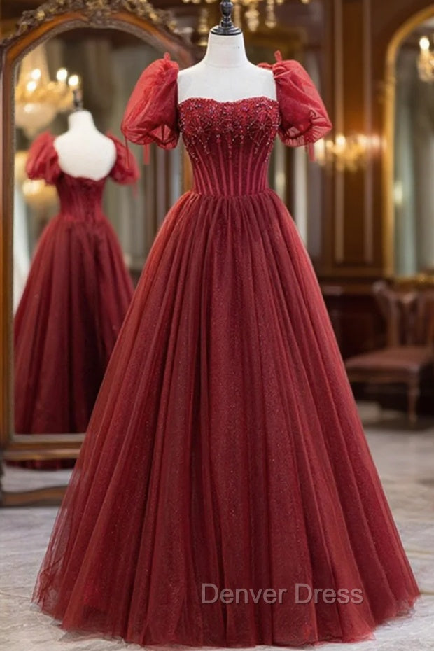 Burgundy Tulle Beaded Long Prom Dresses, A-Line Short Sleeve Formal Dresses