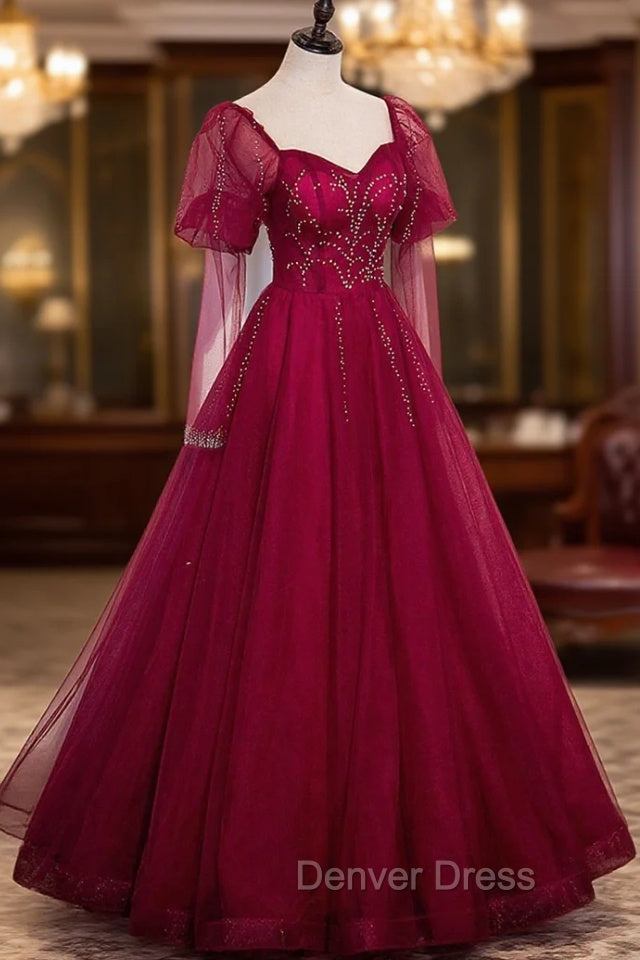 Burgundy Tulle Beaded Long Sleeve Prom Dress, A Line Prom Graduation Dresses
