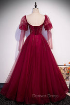 Burgundy Tulle Beaded Long Sleeve Prom Dresses, A-Line Evening Graduation Dresses