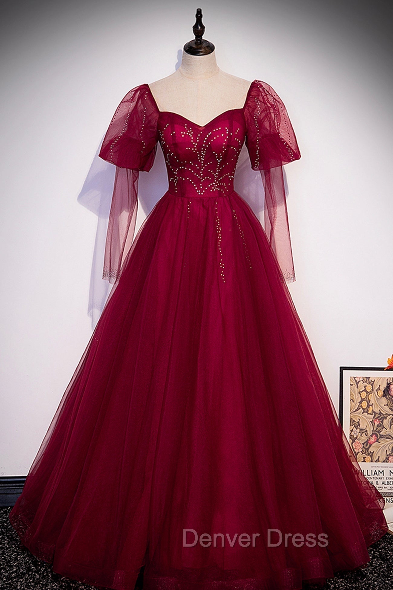 Burgundy Tulle Beaded Long Sleeve Prom Dresses, A-Line Evening Graduation Dresses