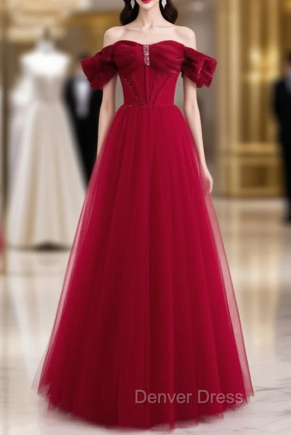 Burgundy Tulle Beading Off the Shoulder Prom Dresses