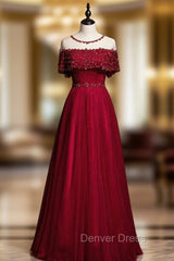 Burgundy Tulle Beading Sequins Lotus Leaf Sleeve Prom Dresses