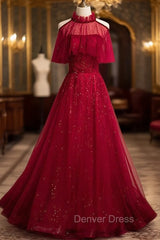 Burgundy Tulle Beading Sequins Strapless Prom Dresses