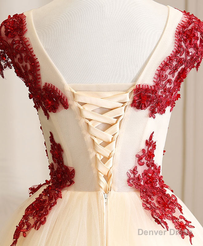 Burgundy Tulle Beads Lace Long Prom Dress Sweet 16 Dress