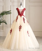 Burgundy Tulle Beads Lace Long Prom Dress Sweet 16 Dress