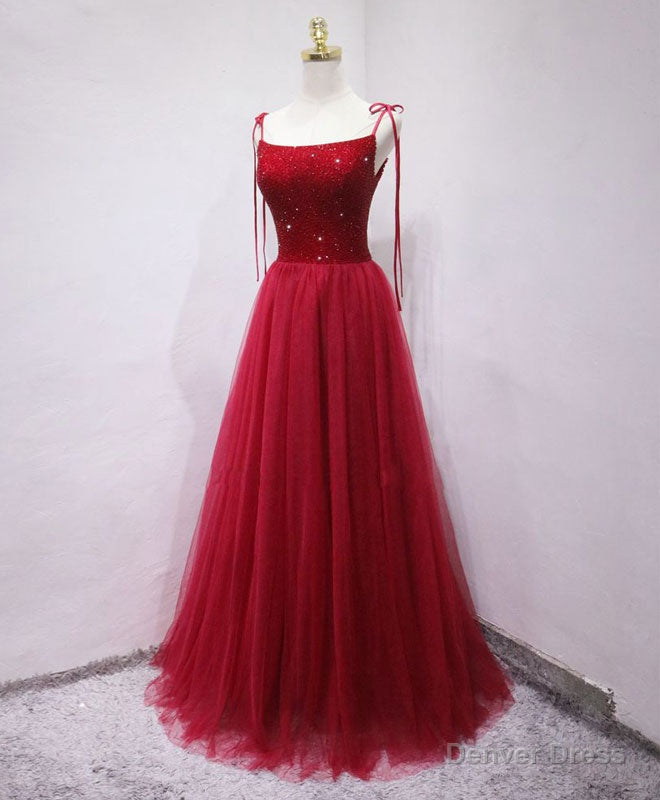 Burgundy tulle beads long prom dress, burgundy tulle formal dress Main image