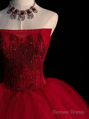 Burgundy Tulle Beads Long Prom Dress, Burgundy Tulle Formal Party Dress