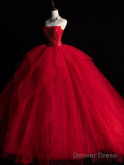 Burgundy Tulle Beads Long Prom Dress, Burgundy Tulle Formal Party Dress