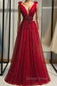 Burgundy Tulle Deep V-neck Backless Beading Prom Dresses