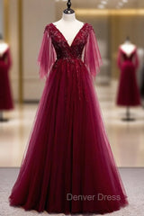 Burgundy Tulle Deep V-neck Beading Prom Dresses