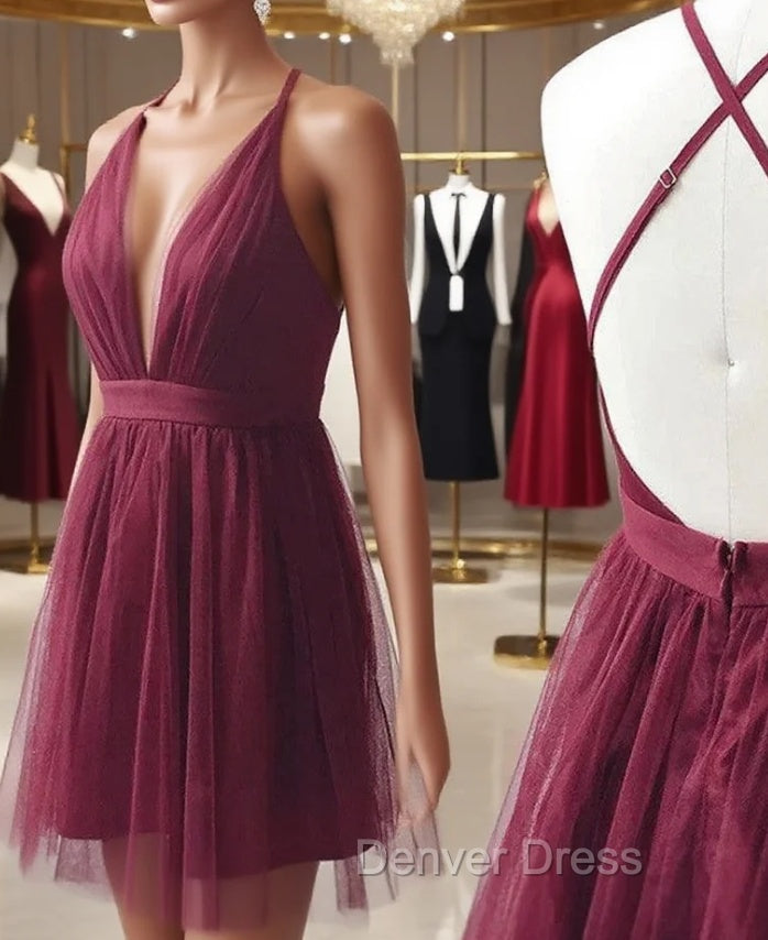 Burgundy Tulle Deep V Neck Homecoming Dresses Main image