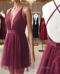 Burgundy Tulle Deep V-neck Homecoming Dresses
