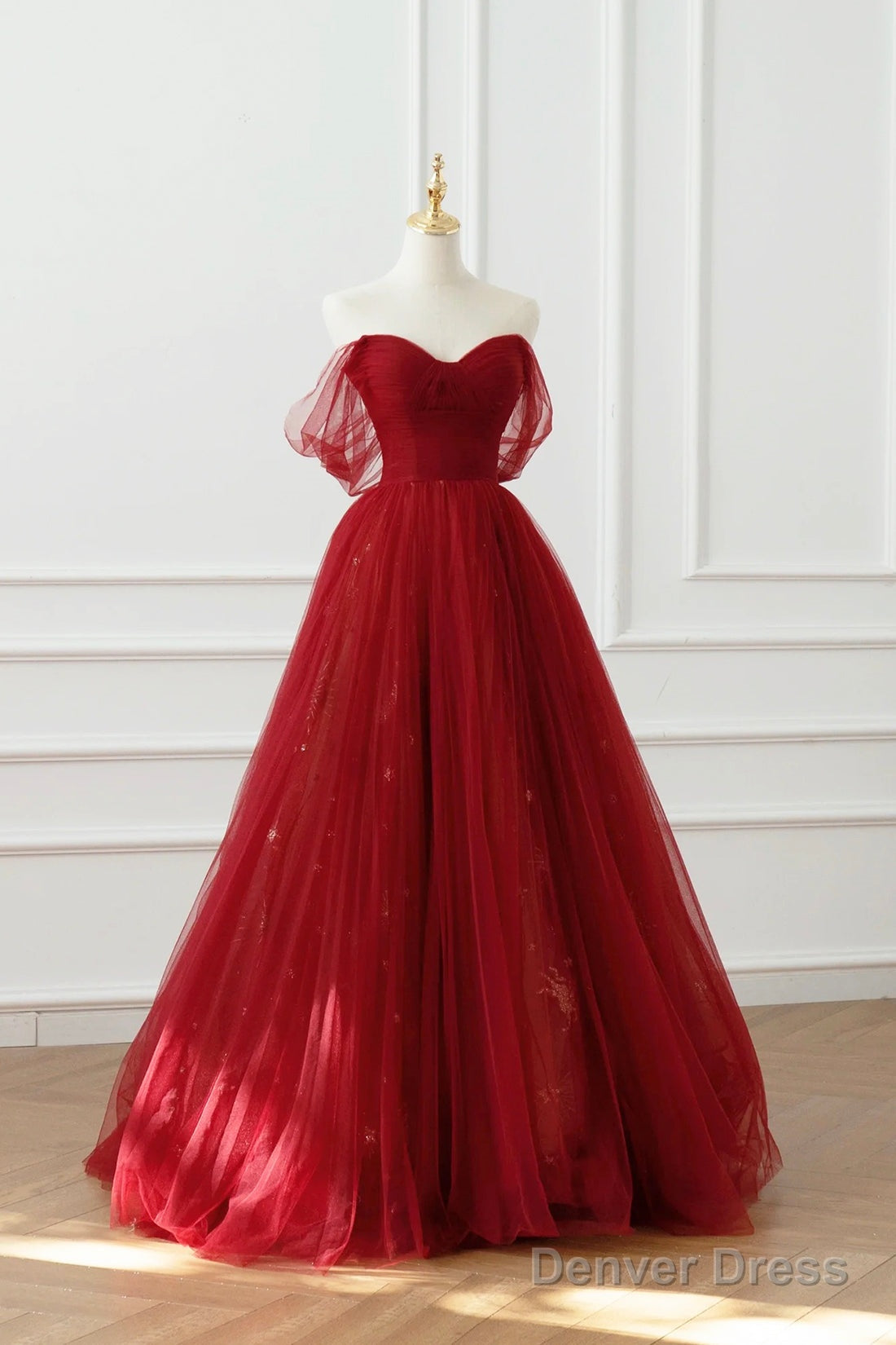 Burgundy Tulle Floor Length A-Line Prom Dress, Off The Shoulder Prom Dresses Secondary image