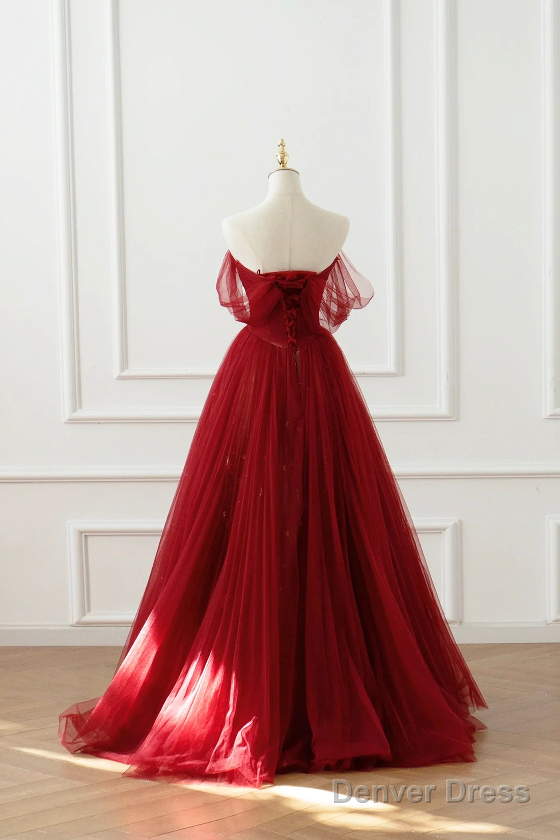 Burgundy Tulle Floor Length A-Line Prom Dress, Off The Shoulder Prom Dresses