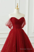 Burgundy Tulle Floor Length A-Line Prom Dress, Off The Shoulder Prom Dresses